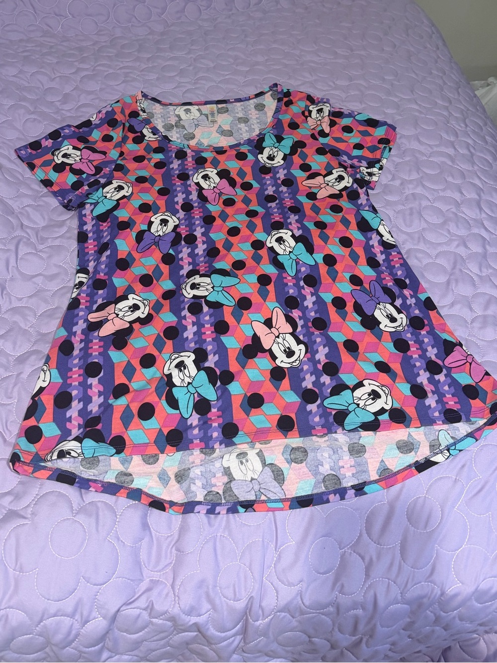 LuLaRoe Minnie Mouse Purple, Pink & Teal Short Sleeve Top